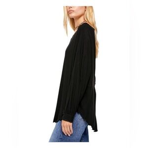Free People Faux Wrap High Low Long Sleeve Blouse Top,‎ Black, Size M